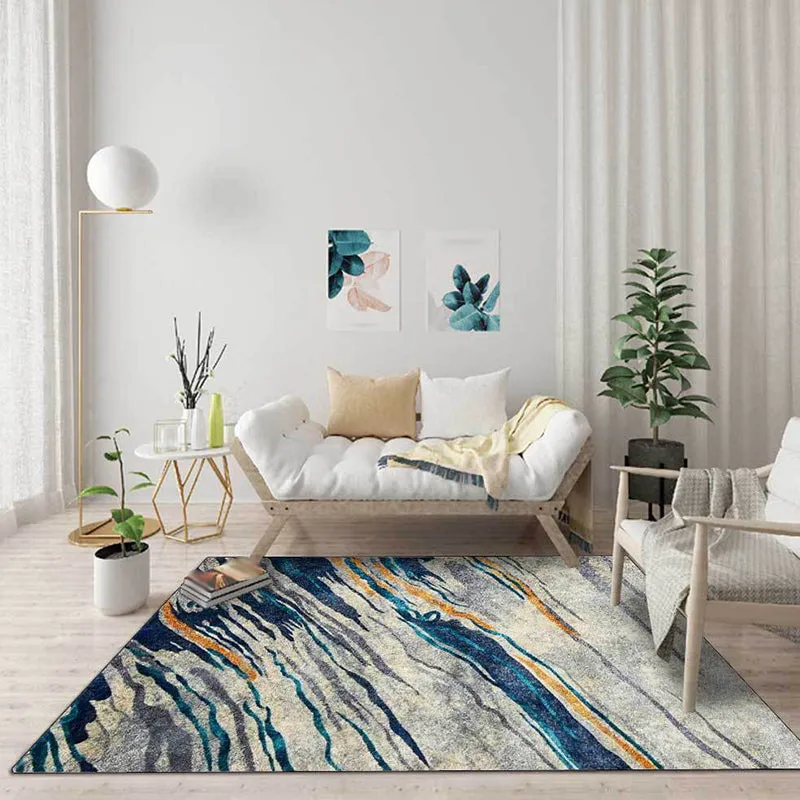 Tapis de salon moderne en bleu et gris, imprimé abstrait, tapis en polyester résistant aux taches Clearhalo