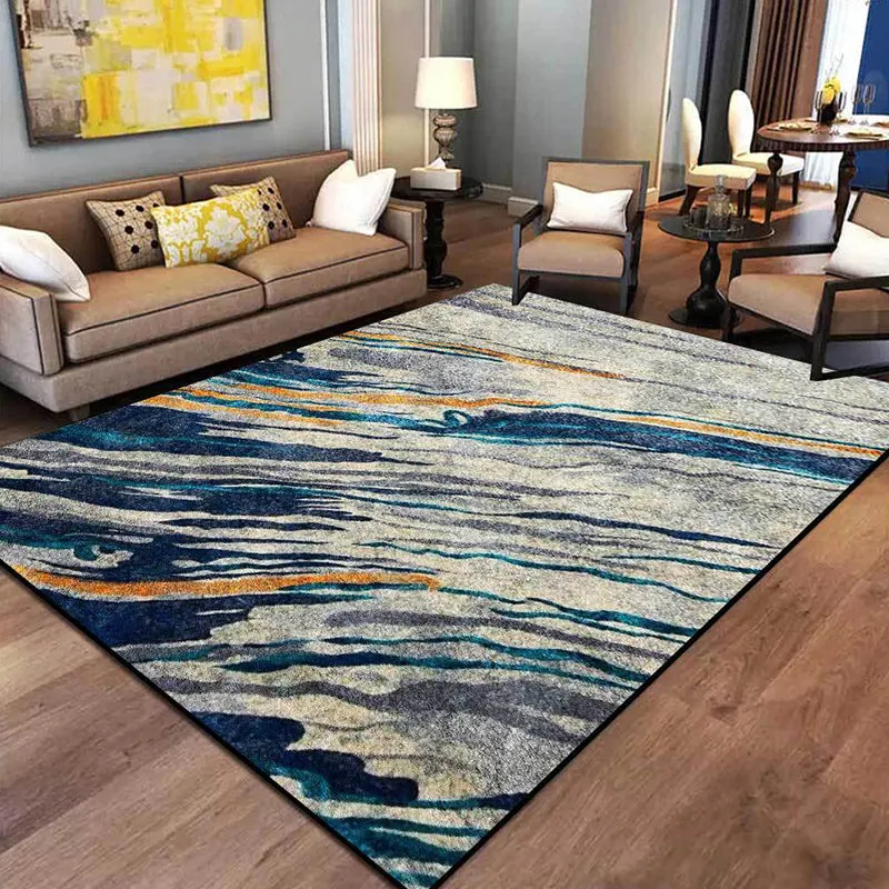 Tapis de salon moderne en bleu et gris, imprimé abstrait, tapis en polyester résistant aux taches Clearhalo