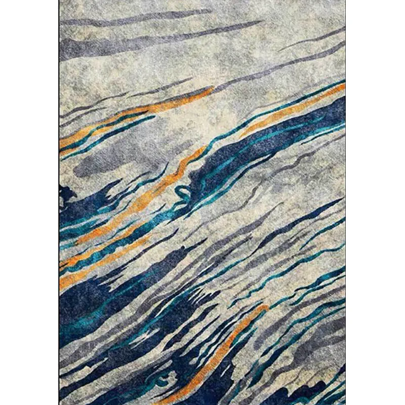 Tapis de salon moderne en bleu et gris, imprimé abstrait, tapis en polyester résistant aux taches Clearhalo