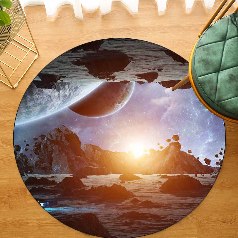 Tapis de salon moderne en bleu et gris, tapis imprimé planète météorite, en polyester, antidérapant Clearhalo