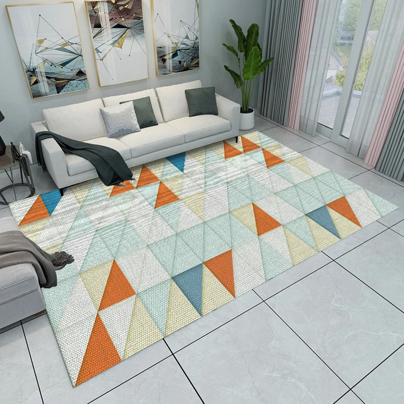Tapis de salon moderne en bloc de couleur bleu et gris, imprimé triangulaire, en polyester, antidérapant à la machine Clea...