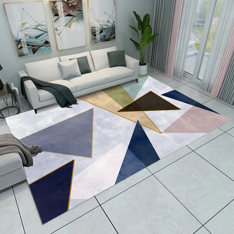 Tapis de salon moderne en bloc de couleur bleu et gris, imprimé triangulaire, en polyester, antidérapant à la machine Clea...