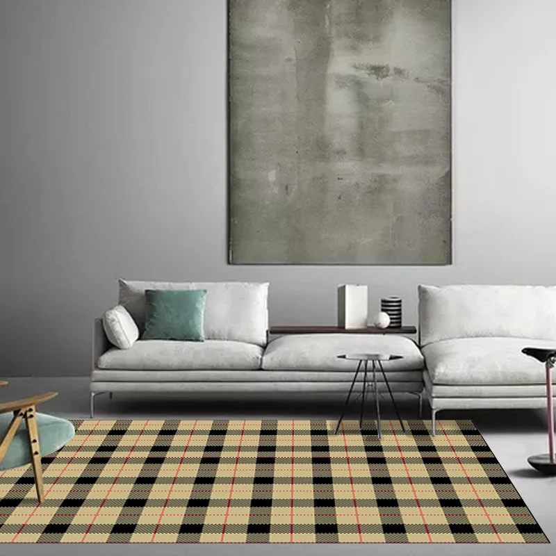 Tapis de salon moderne à carreaux jaunes, imprimé de lignes pointillées, en polyester, envers antidérapant, lavable Clearhalo