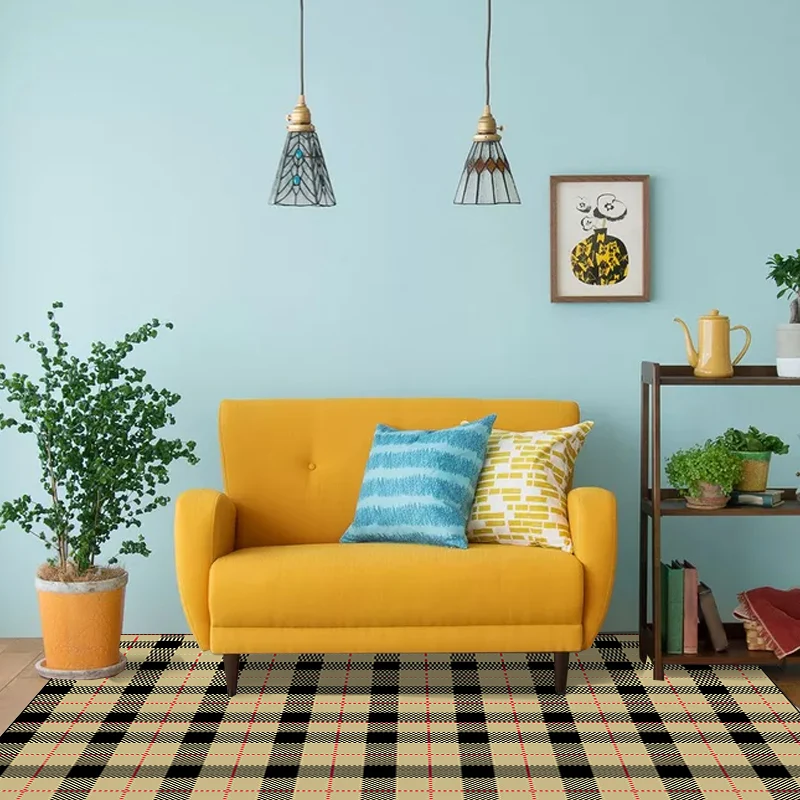 Tapis de salon moderne à carreaux jaunes, imprimé de lignes pointillées, en polyester, envers antidérapant, lavable Clearhalo