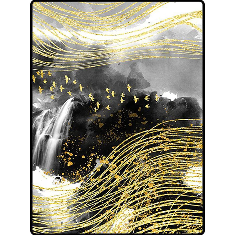 Tapis de salon moderne en noir et jaune, tapis imprimé de ligne d'oiseau de cascade abstraite, tapis lavable en Polyester...
