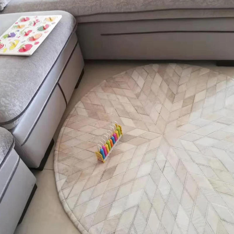 Tapis simple blanc laiteux en cuir de vache, imprimé à carreaux, facile d'entretien, lavable en Machine, pour salon Clearhalo