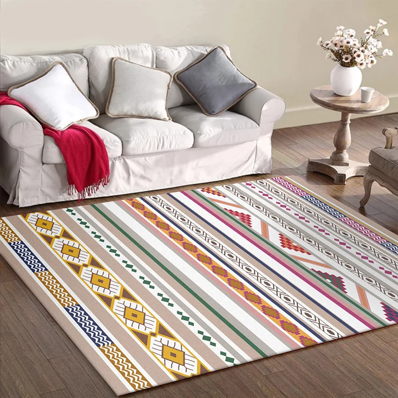 Tapis Tribal multicolore blanc en Polyester à motifs rayés, lavable, avec envers antidérapant, pour salon Clearhalo