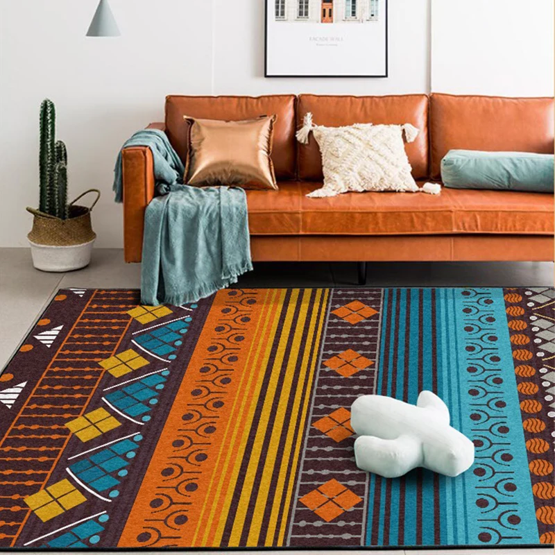 Tapis Tribal à rayures géométriques, marron et bleu, Vintage, en Polyester, lavable, avec envers antidérapant, pour chambr...