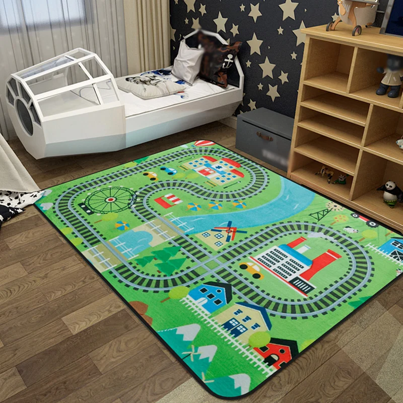 Tapis de zone ferroviaire de dessin animé, tapis multicolore en polypropylène, antidérapant, respectueux des animaux de co...