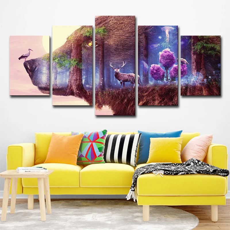 Toile de cerf et de loup violets, art mural multi-pièces de style moderne pour salon Clearhalo