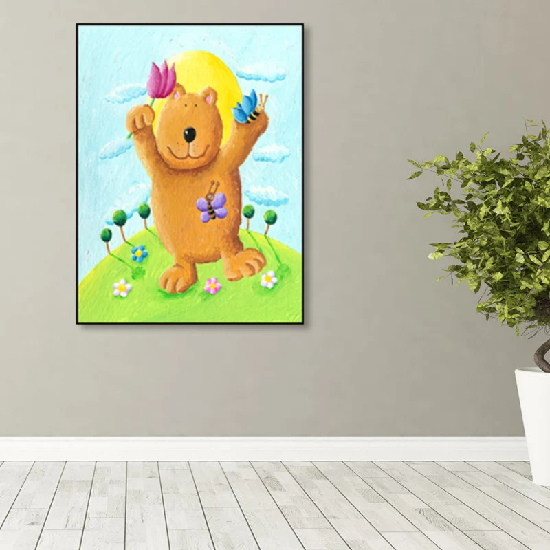 Toile d'animal de dessin animé de couleur pastel texturée, Style enfants, impression d'art mural intérieur de maison Clear...