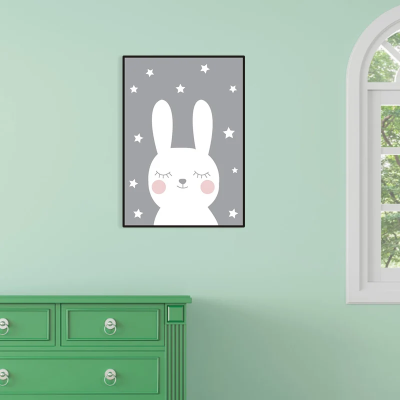 Toile enveloppée de lapin aux yeux fermés, décoration murale artistique blanche pour enfants, pour chambre de bébé Clearhalo