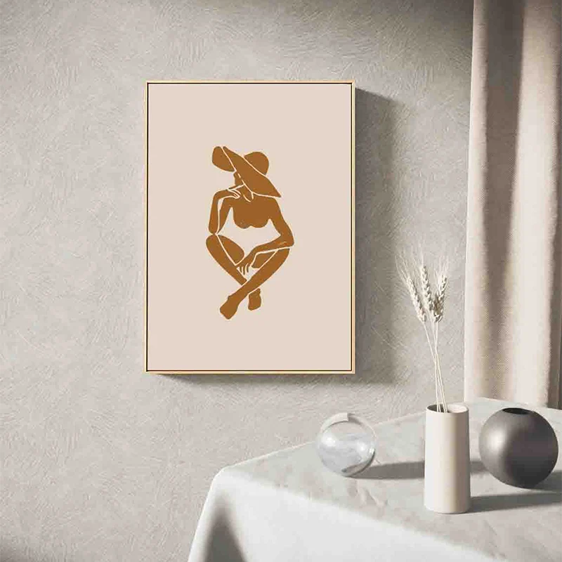 Toile enveloppée texturée nordique avec motif de figurine d'art de fille à chapeau marron, pour salon Clearhalo