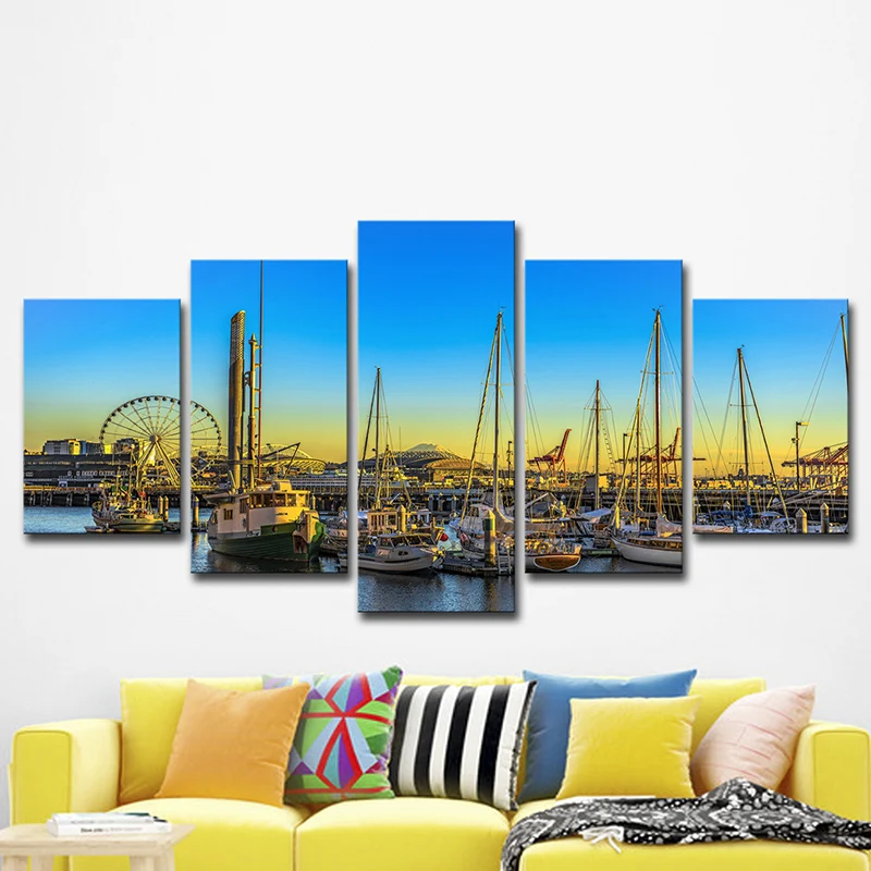 Toile imprimée artistique de la jetée de Seattle d'inspiration mondiale, décoration murale bleue multi-pièces pour hôtel C...