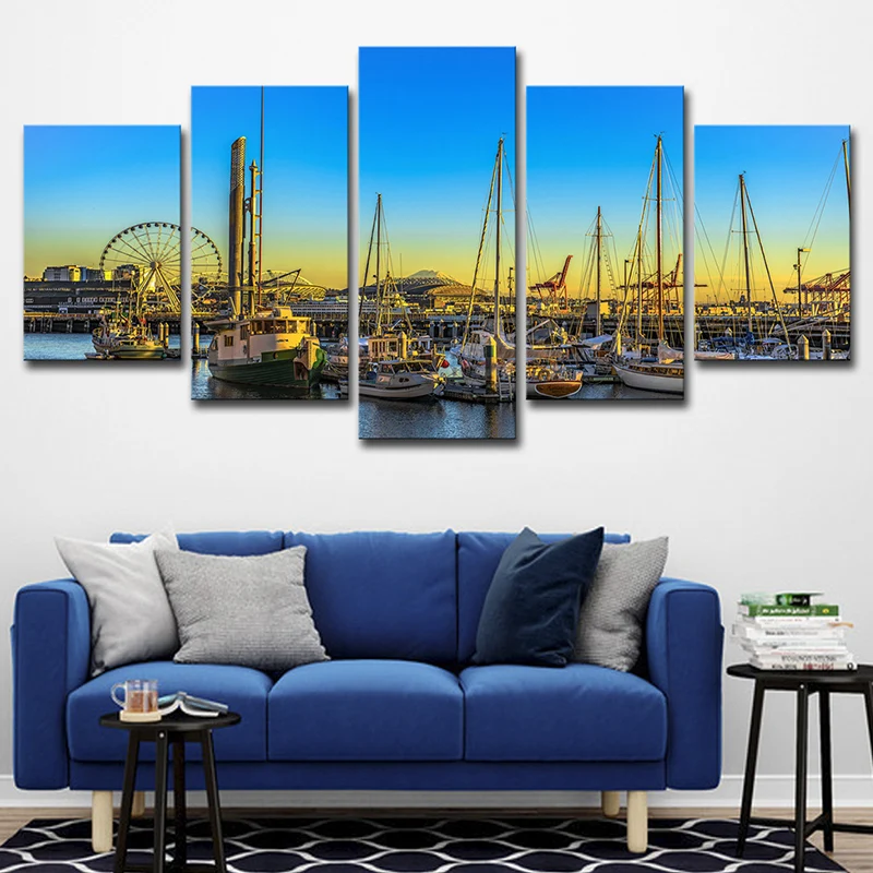 Toile imprimée artistique de la jetée de Seattle d'inspiration mondiale, décoration murale bleue multi-pièces pour hôtel C...