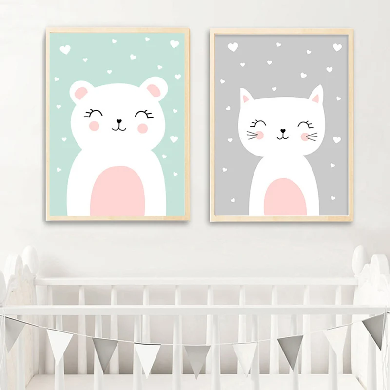 Toile imprimée avec animaux de dessin animé joyeux, couleur claire, peinture de Style enfants pour chambre de bébé Clearhalo