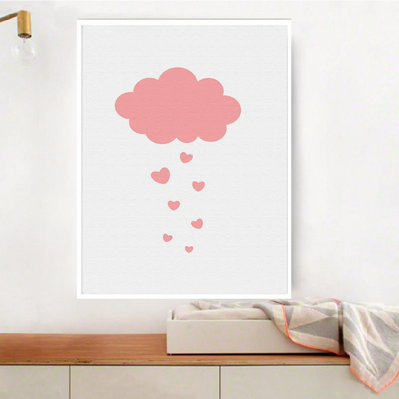 Toile imprimée d'art moderne nuage et cœur, peintures roses décoratives pour chambre à coucher Clearhalo