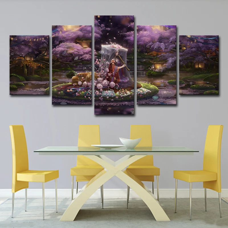 Toile imprimée d'art violet, fée de dessin animé avec fleur de cerisier, décor mural de scène de jeu pour chambre Clearhalo