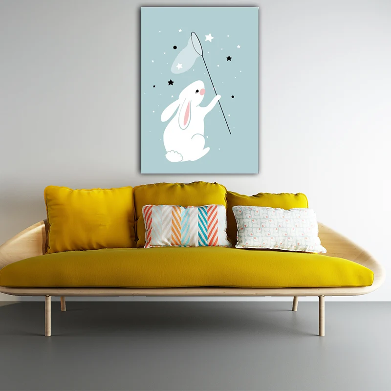 Toile de lapin attrapant des étoiles, imprimés d'art mural modernes en bleu pour salon (plusieurs tailles) Clearhalo