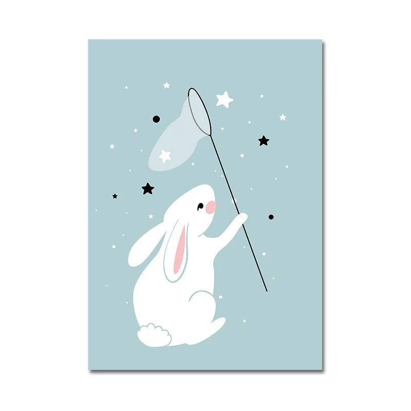 Toile de lapin attrapant des étoiles, imprimés d'art mural modernes en bleu pour salon (plusieurs tailles) Clearhalo