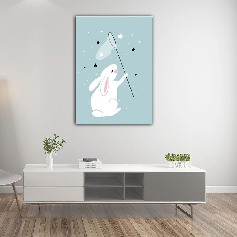 Toile de lapin attrapant des étoiles, imprimés d'art mural modernes en bleu pour salon (plusieurs tailles) Clearhalo