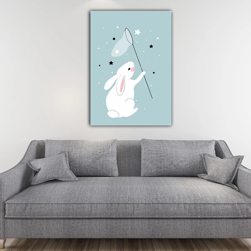 Toile de lapin attrapant des étoiles, imprimés d'art mural modernes en bleu pour salon (plusieurs tailles) Clearhalo