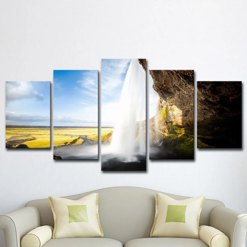 Toile multi-pièces moderne avec vue sur une cascade et une cascade d'art mural paysage bleu ciel Clearhalo