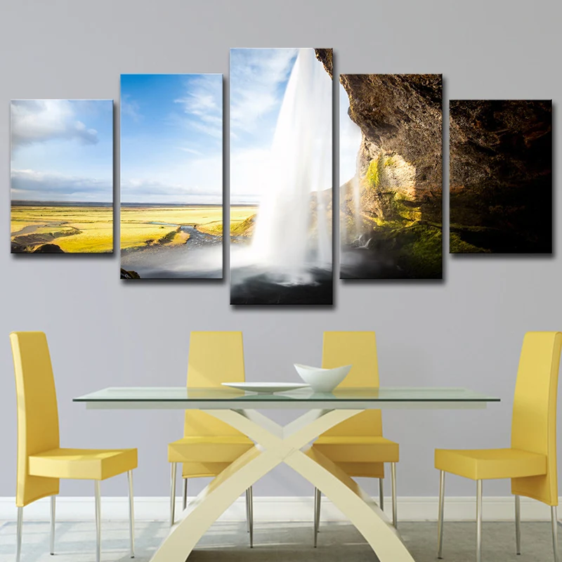Toile multi-pièces moderne avec vue sur une cascade et une cascade d'art mural paysage bleu ciel Clearhalo