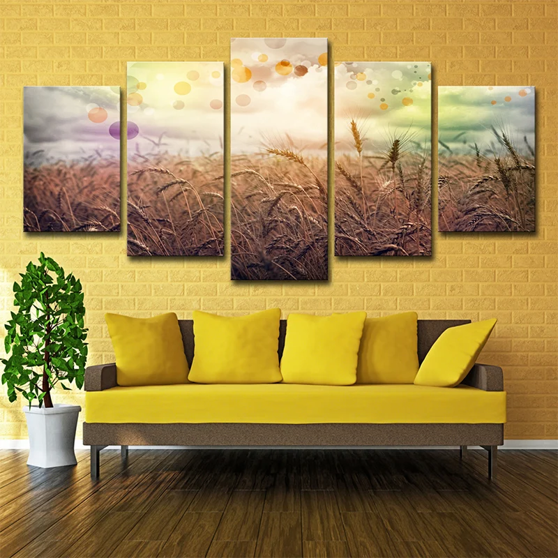 Toile murale de champ de blé poétique, décoration murale de paysage naturel pour salon en jaune Clearhalo