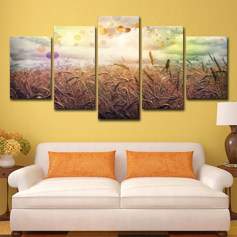 Toile murale de champ de blé poétique, décoration murale de paysage naturel pour salon en jaune Clearhalo