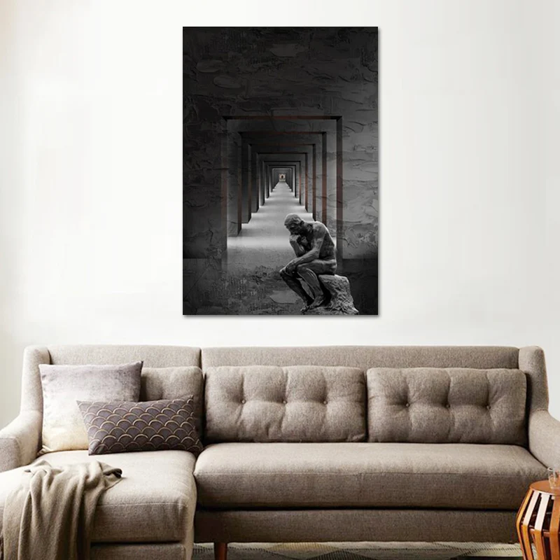 Toile murale contemporaine grise, décoration murale carrée pour couloir et Statue du penseur pour chambre Clearhalo