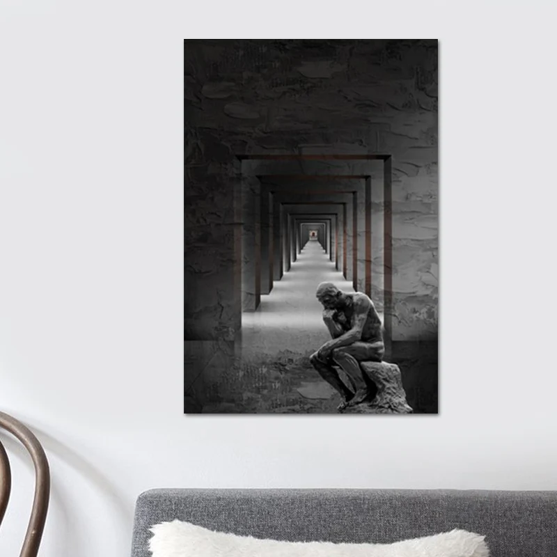 Toile murale contemporaine grise, décoration murale carrée pour couloir et Statue du penseur pour chambre Clearhalo