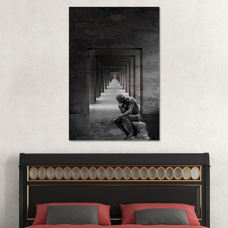 Toile murale contemporaine grise, décoration murale carrée pour couloir et Statue du penseur pour chambre Clearhalo