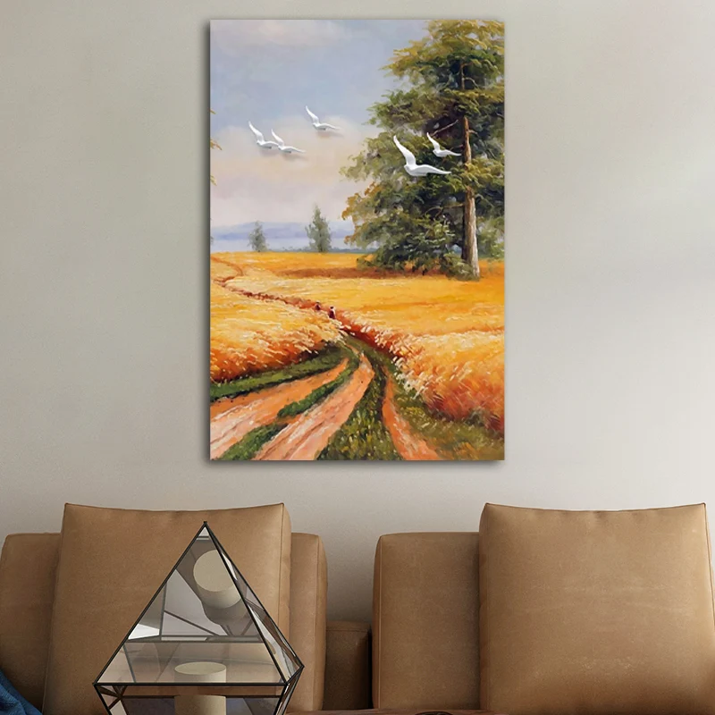 Toile de peinture jaune oiseau volant au-dessus du paysage de champ, Art mural texturé rustique Clearhalo