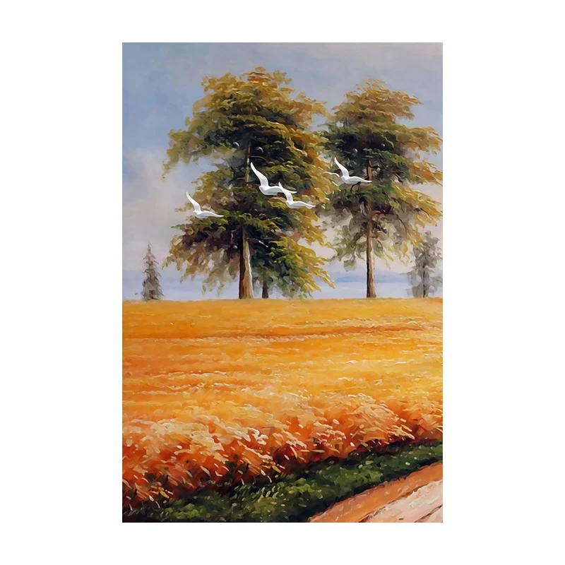 Toile de peinture jaune oiseau volant au-dessus du paysage de champ, Art mural texturé rustique Clearhalo