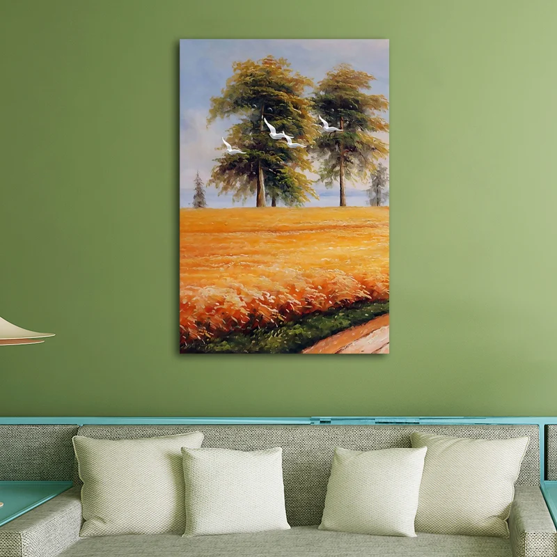 Toile de peinture jaune oiseau volant au-dessus du paysage de champ, Art mural texturé rustique Clearhalo