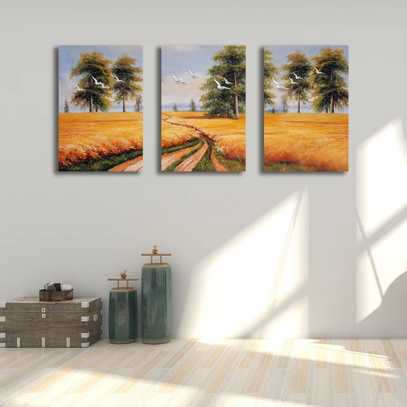 Toile de peinture jaune oiseau volant au-dessus du paysage de champ, Art mural texturé rustique Clearhalo