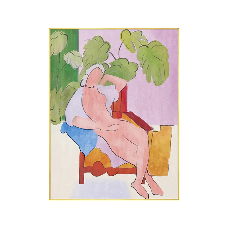 Toile Pop Art verte illustrant le modèle allongé sur une terrasse, décoration murale pour couloir Clearhalo