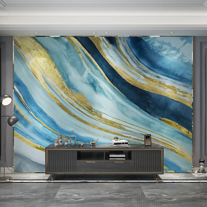 Très grande aquarelle murale scandinave à rayures effet 3D - Revêtement mural en bleu Clearhalo