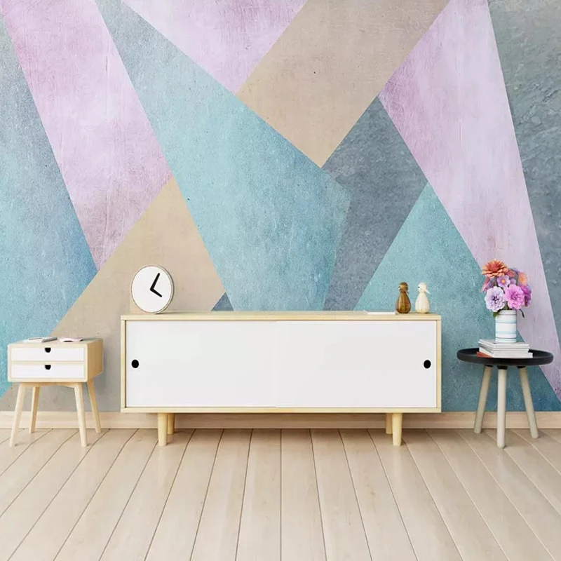 Très grande illustration murale moderne pour mur d'accent avec des géométries de couleurs pastel Clearhalo