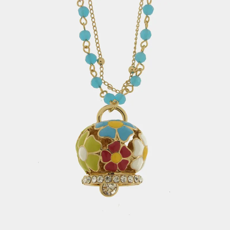 Collana Metallo multifilo azzurra con campana fiori multicolor
