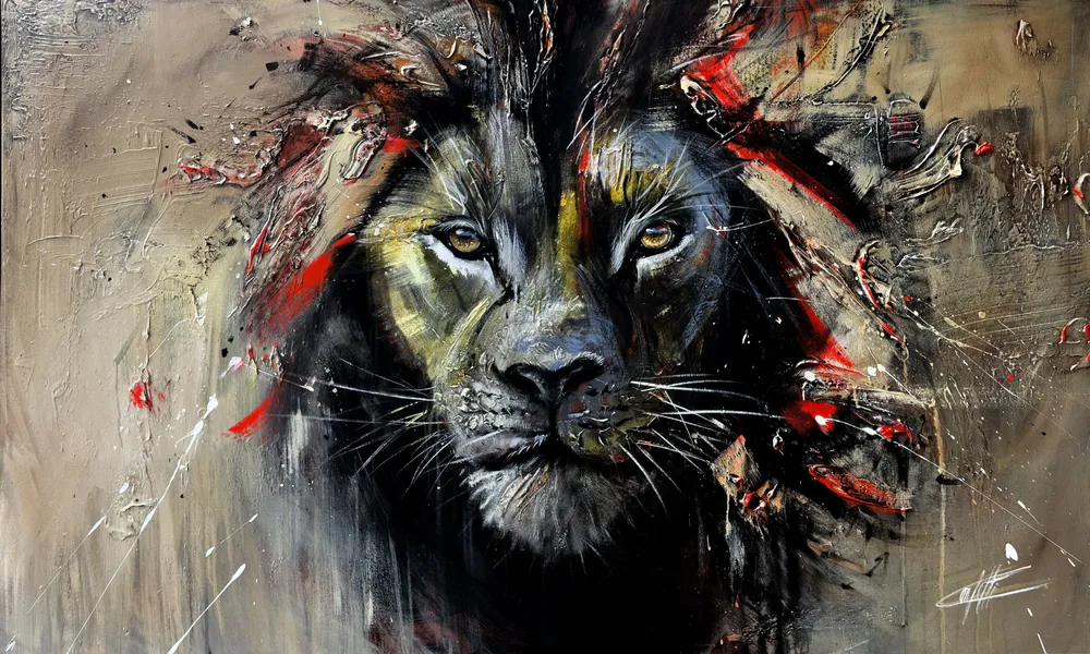 Majesté de la savane / le lion , estampe moderne par l’artiste confetti , abstrait, rouge Moderne Confetti Artiste Peintre