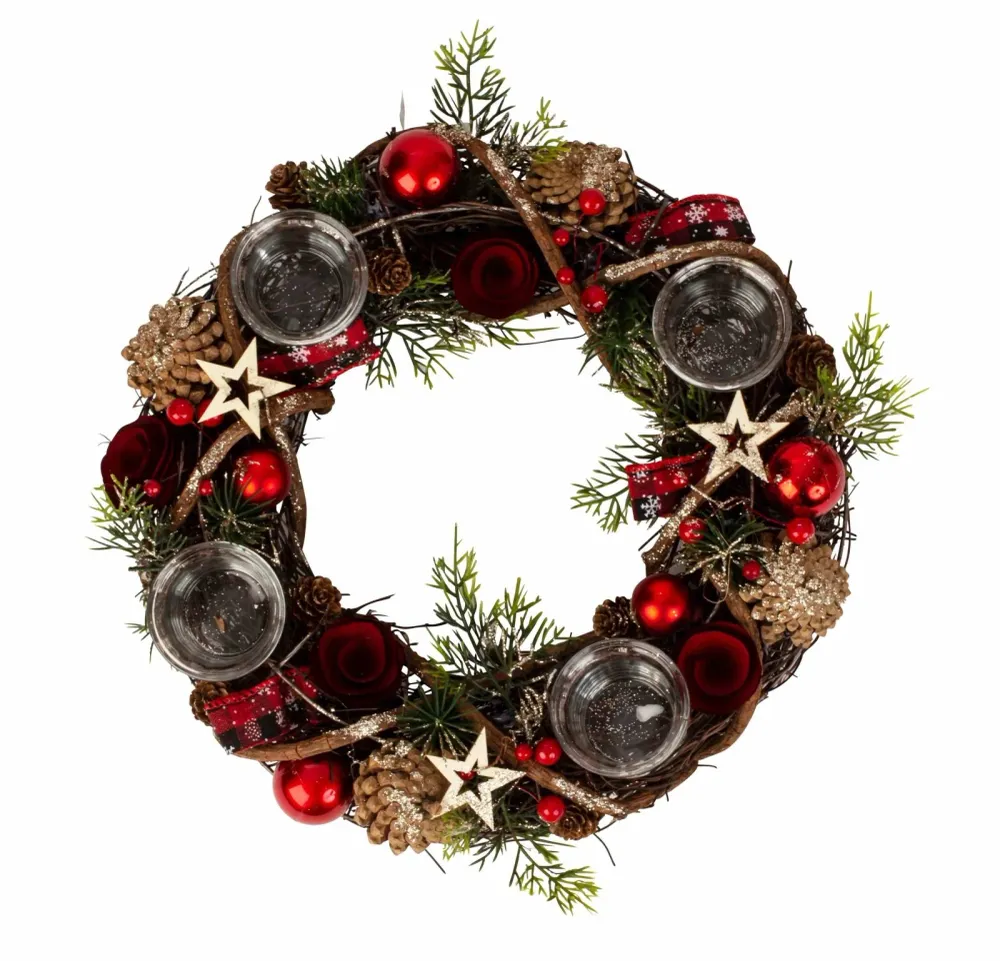 Couronne de Noël ronde avec décoration rouge/vert/marron pour bougies chauffe-plat ⌀ 34 cm