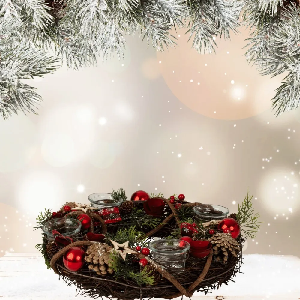 Couronne de Noël ronde avec décoration rouge/vert/marron pour bougies chauffe-plat ⌀ 34 cm