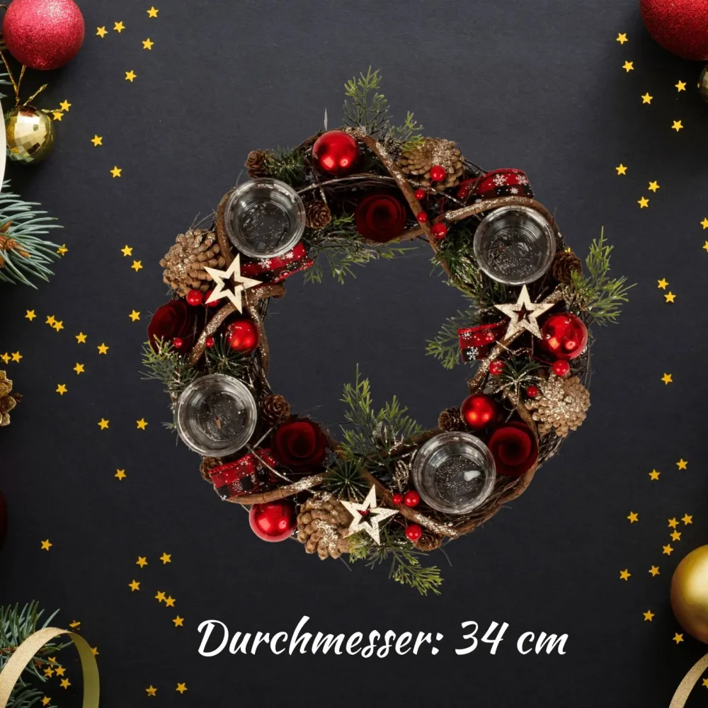 Couronne de Noël ronde avec décoration rouge/vert/marron pour bougies chauffe-plat ⌀ 34 cm