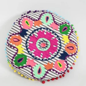 Coussin d'assise rond Gaddi brodé bleu/blanc/multicolore 40 cm