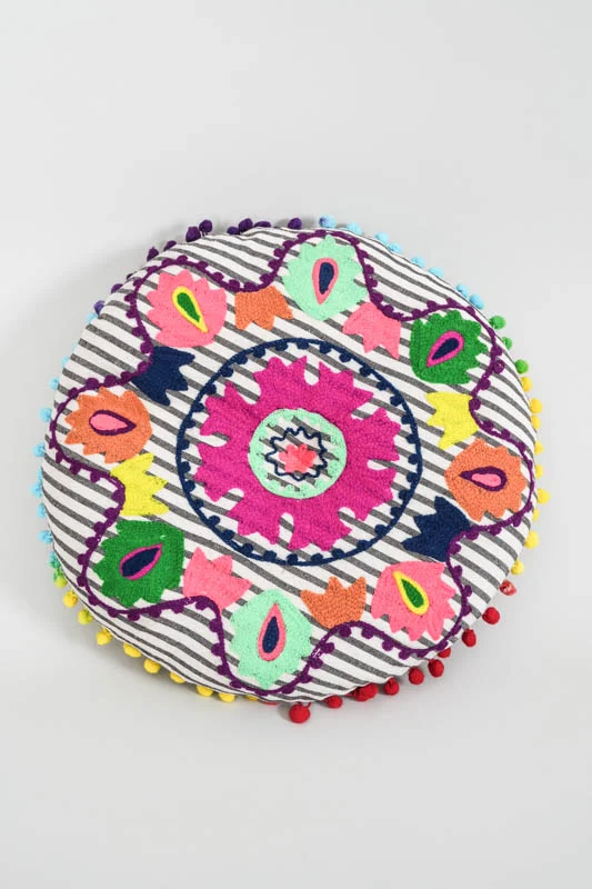 Coussin d'assise rond Gaddi brodé bleu/blanc/multicolore 40 cm