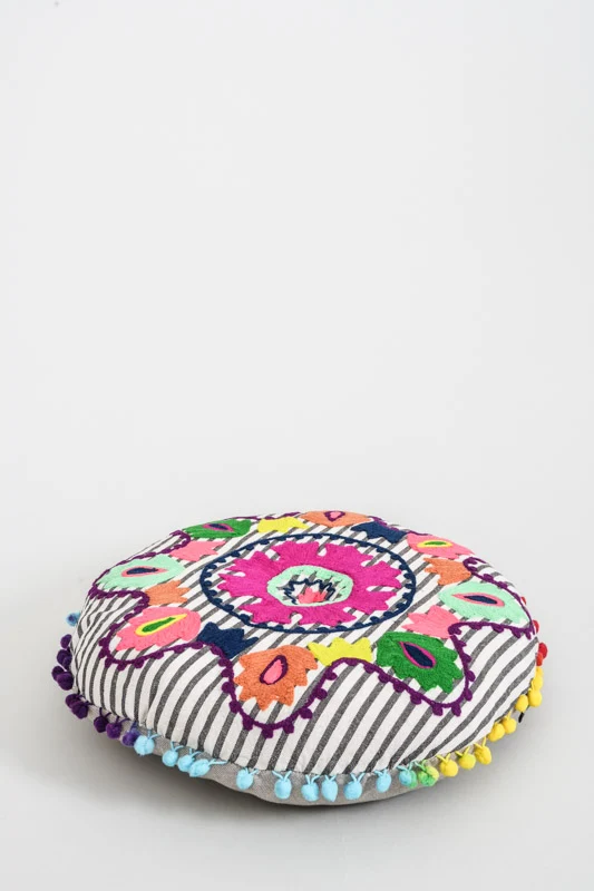Coussin d'assise rond Gaddi brodé bleu/blanc/multicolore 40 cm