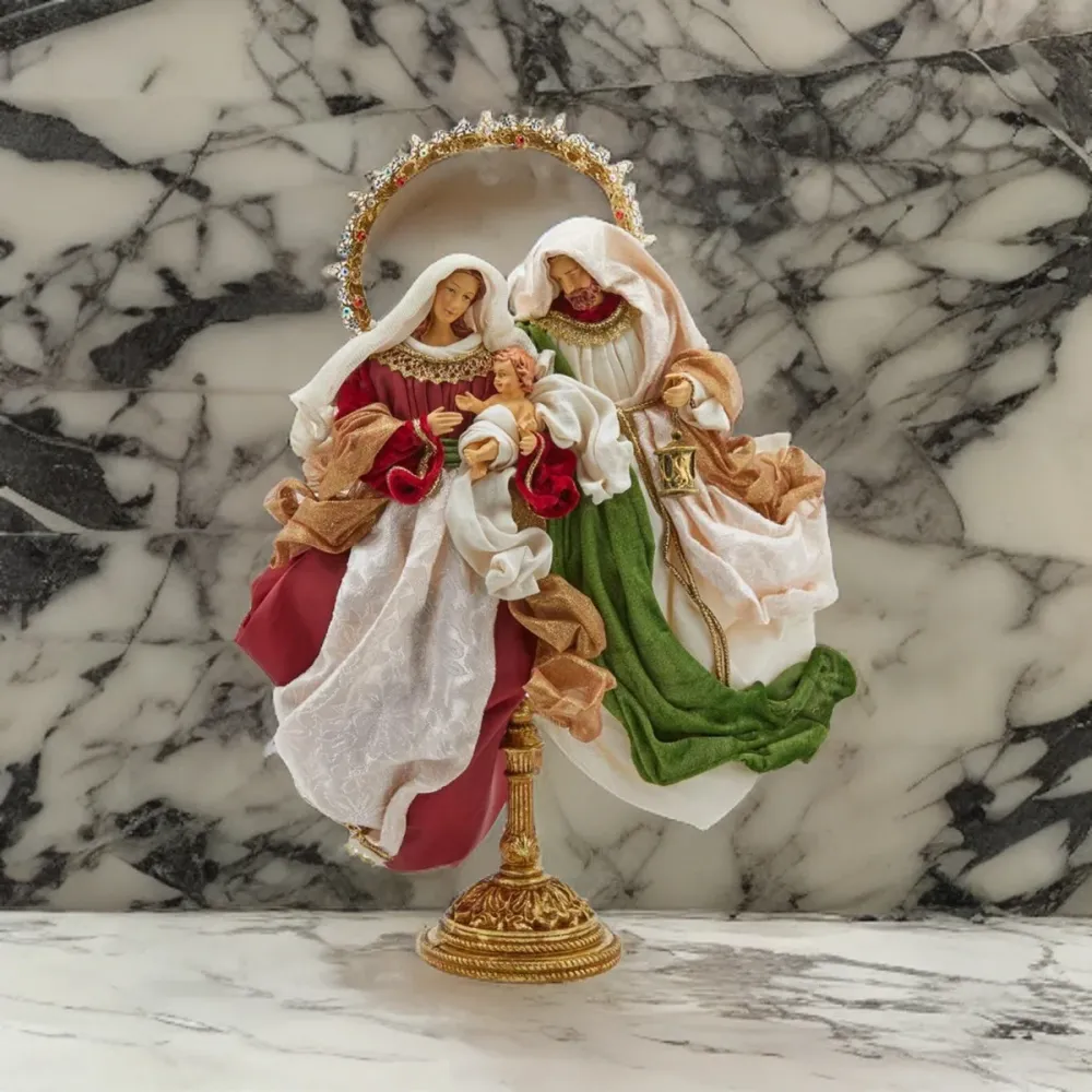 Crèche "Roi" avec support doré, trois personnages, rouge et vert, h 53 cm