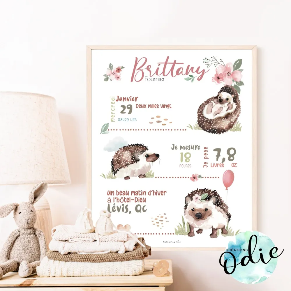 Affiche de naissance - Thème hérisson blush Créations Odie